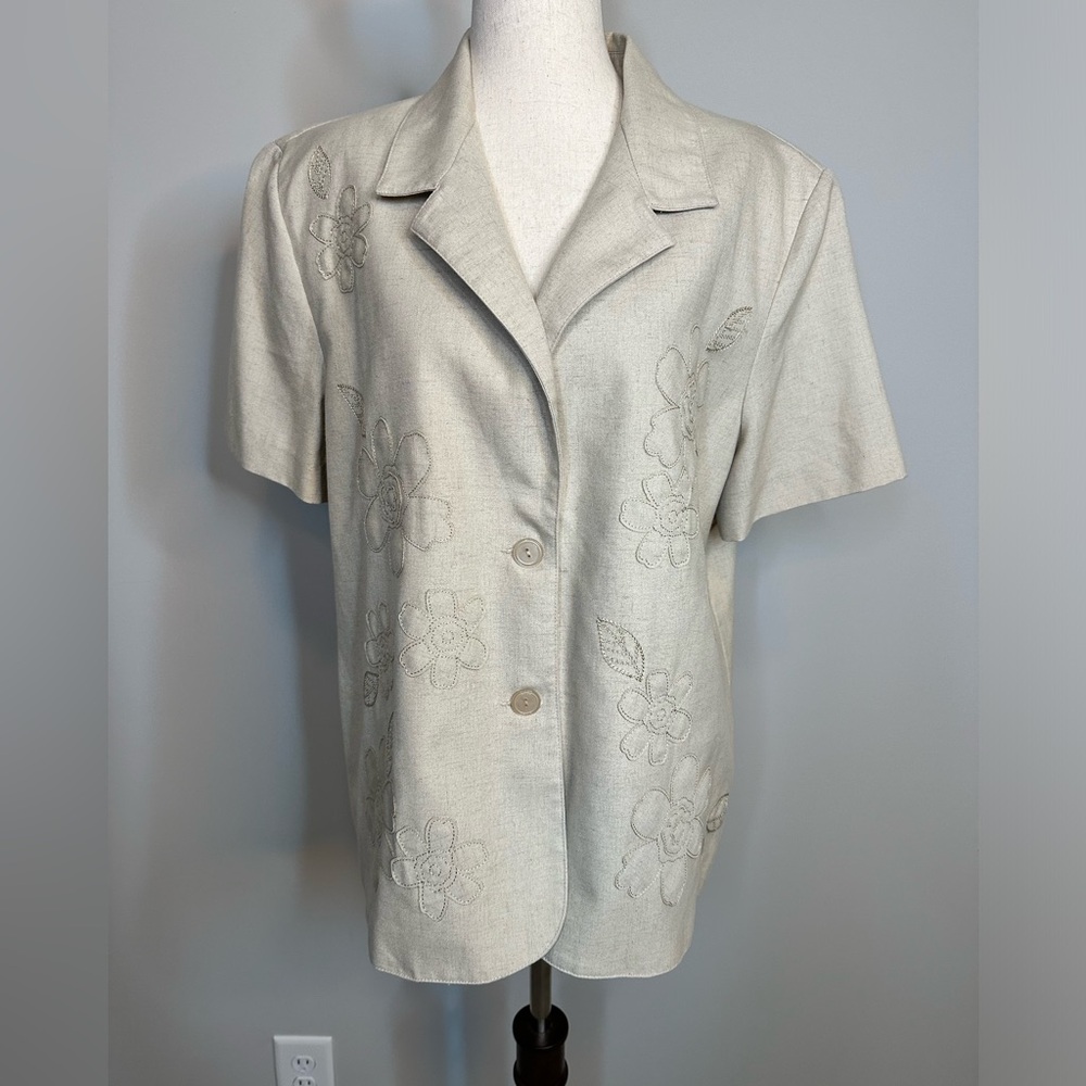 Sz 16 Alfred Dunner tan button front short sleeve top blazer shoulder pads